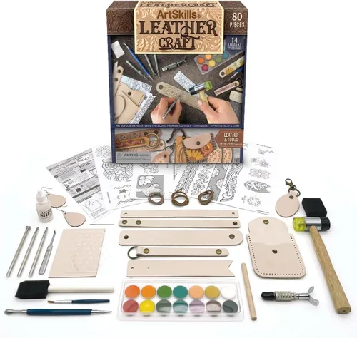 Kit de trabajo de cuero ArtSkills, kit de herramientas de cuero con herramientas, sellos, kits de proyectos para adultos de arte y manualidades, 80