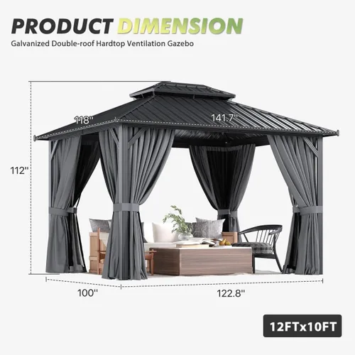 Miniatura 2 de Gazebo de techo rígido de 10 x 12 pies, cenador de aluminio para exteriores con doble parte superior de acero galvanizado, pabellón de metal