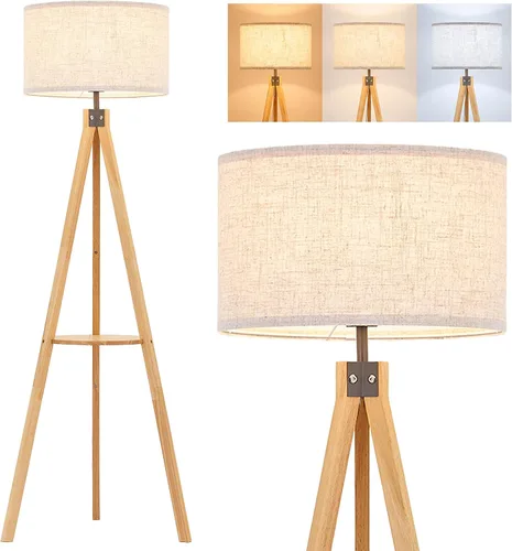 Miniatura 10 de ELYONA Lámpara de pie con trípode de madera estilo granja con mesa, lámpara de pie de lectura moderna con 3 temperaturas de color, bombilla LED