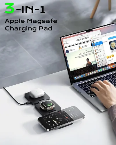 Miniatura 9 de Cargador de viaje 3 en 1 certificado Qi2 compatible con MagSafe, soporte de cargador inalámbrico plegable mejorado, estación de carga 3 en 1