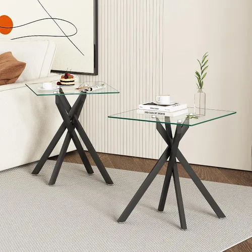 Miniatura 9 de Mesa auxiliar moderna de cristal, mesa auxiliar cuadrada para sofá, mesa auxiliar con parte superior de vidrio templado transparente y patas plateado