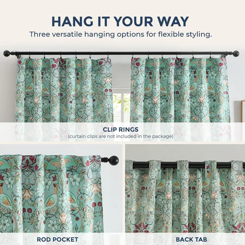 Miniatura 8 de HLC.ME Florence - Cortinas con estampado floral y de pájaros, con pestaña trasera y bolsillo para barra, cortinas para oscurecer el dormitorio