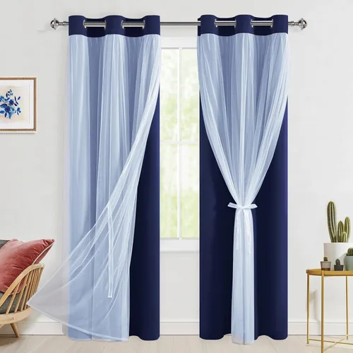 Miniatura 30 de Hiasan Cortinas opacas con superposición transparente, aislamiento térmico para mezclar y combinar de doble capa, cortinas de oscurecimiento de Beige