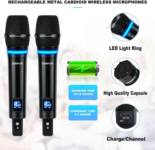 Miniatura 2 de Sistema de Micrófono Inalámbrico Recargable ZERFUN Pro de 4 Canales, Micrófonos Inalámbricos de Mano UHF de Metal con Control de Volumen, 4x50