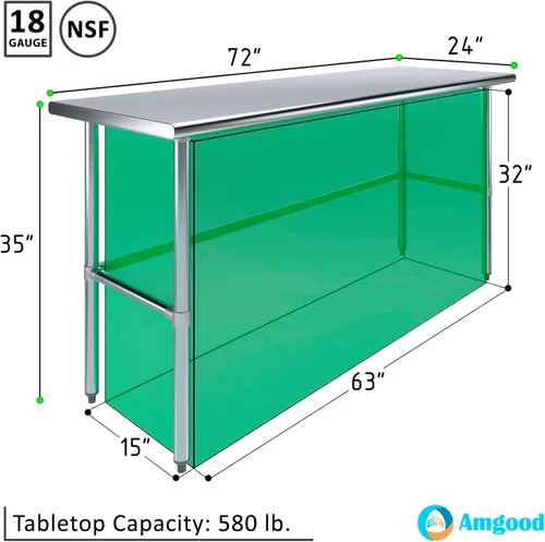 Miniatura 3 de Mesa de trabajo de acero inoxidable de base abierta de 24 pulgadas x 72 pulgadas Residencial y comercial Preparación de alimentos Estación