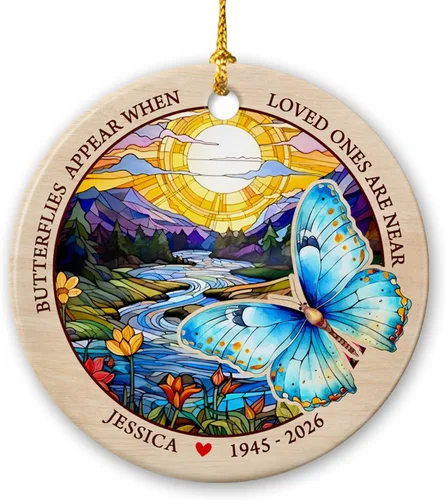 Adorno de cerámica conmemorativo personalizado, estilo de vitral, la pérdida de mamá y abuela, las mariposas aparecen cuando los seres queridos