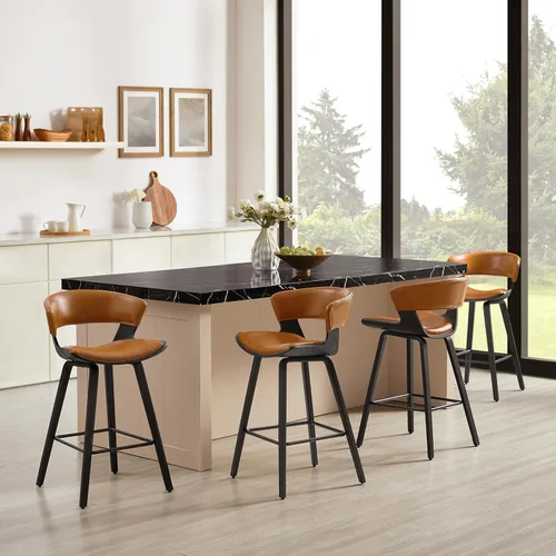 Miniatura 5 de Art Leon Juego de 4 taburetes de bar modernos de mediados de siglo con respaldo, taburetes tapizados de piel sintética con patas de madera maciza