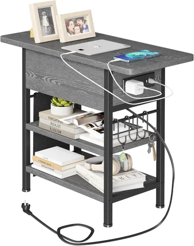 Miniatura 8 de Mesa auxiliar con estación de carga, mesita de noche abatible con puertos USB y tomas, mesa auxiliar de sofá con bolsa de tela y ganchos, mesita
