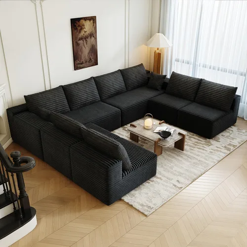 Miniatura 36 de Sofá seccional modular de 139.4", sofás minimalistas en forma de U con 2 otomanas chaise, sofá cama convertible moderno de asiento profundo, tela
