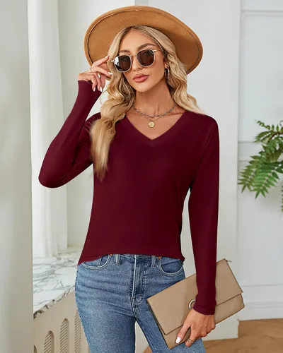 Miniatura 3 de Ficerd Paquete de 2 camisetas con cuello en V para mujer, manga corta o larga, camisetas básicas de verano casuales con dobladillo sólido