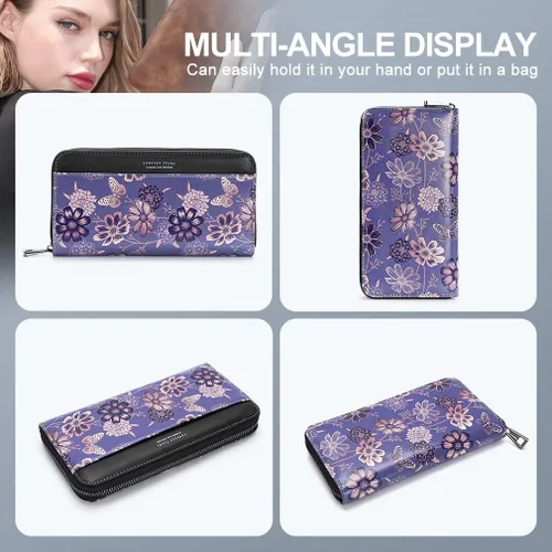 Miniatura 5 de APHISON Billetera para mujer, de gran capacidad, para tarjetas de crédito, RFID, monedero, luna, lindo, animal, floral, celular, pulsera, teléfono