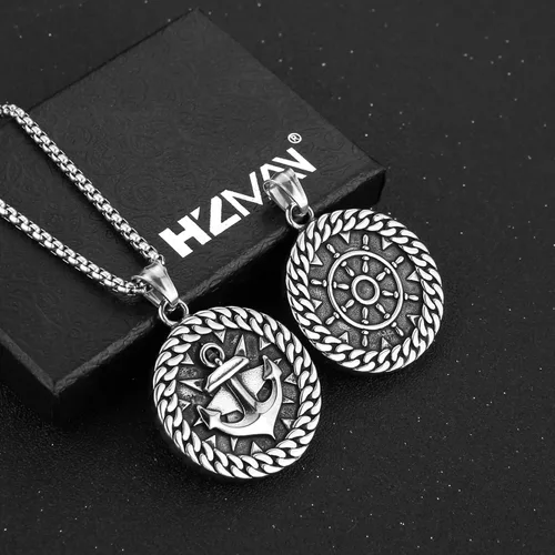 Miniatura 3 de HZMAN Collar de ancla náutica vikingo nórdico para hombres y niños, de acero inoxidable, brújula y timón, regalo de joyería, Acero inoxidable, No es