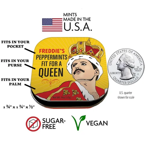 Miniatura 2 de The Unemployed Philosophers Guild Freddie Mercury's Peppermints Fit For a Queen Breath Mints, 1 lata, peso neto 4 oz (12 g)