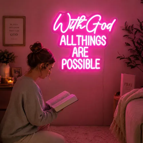 Miniatura 6 de Letrero de neón con texto en inglés "With God All Things Are Possible" para decoración de pared, letrero de neón LED rosa, luz de neón regulable