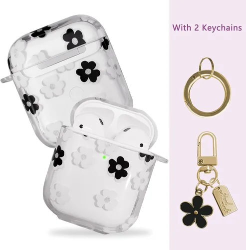 Miniatura 2 de Funda compatible con AirPods, funda de TPU suave con bonito patrón de flores para AirPods de 2 y 1 generación con llavero colgante y mosquetón