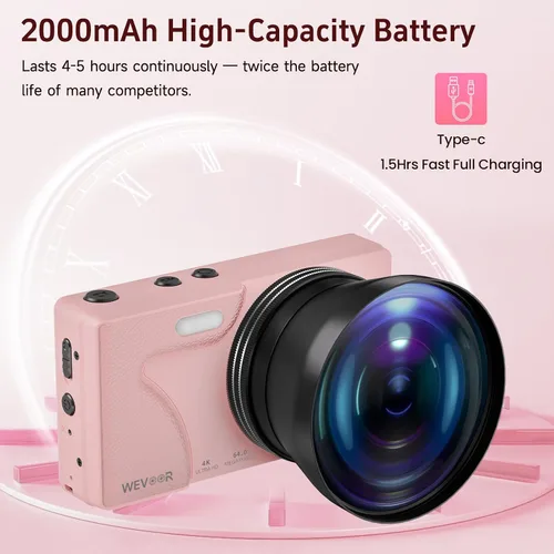 Miniatura 4 de Cámara de vlogging 4K de 64 MP, cámara digital de enfoque automático rápido de 64 GB con doble cámara, lente ancha, batería de 2000 mAh y zoom