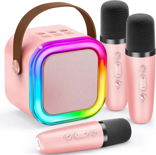 Miniatura 10 de IROO - Máquina de karaoke para niños y adultos, minialtavoz Bluetooth portátil con 2 micrófonos inalámbricos y luces de fiesta, para celular, regalo