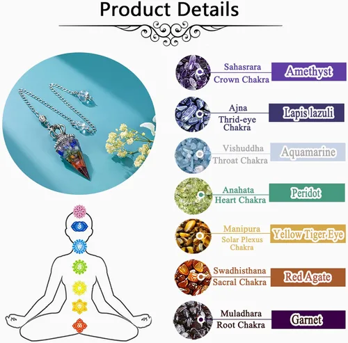 Miniatura 7 de Jovivi Péndulos naturales de cristal curativo de 7 chakras para radiestesia de adivinación, corona de 6 hechos, piedras de resina puntiagudas