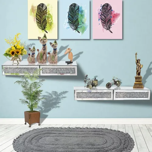 Miniatura 5 de Estante de pared con espejo de diamantes de cristal con cajón, estante flotante de vidrio triturado plateado de 31.5 pulgadas para dormitorio, sala