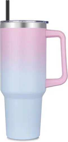 Miniatura 15 de DOMICARE Vaso de 40 oz con asa y pajita, vaso de acero inoxidable con tapa y pajita, reutilizable, aislado al vacío, taza para café de viaje