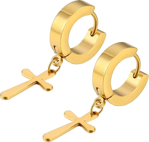 Miniatura 5 de Halawly Juego de aretes de aro de acero inoxidable para mujeres y niñas, 3 pares6 pares10 pares pequeños, enormes plateados, dorados, negros, cruz