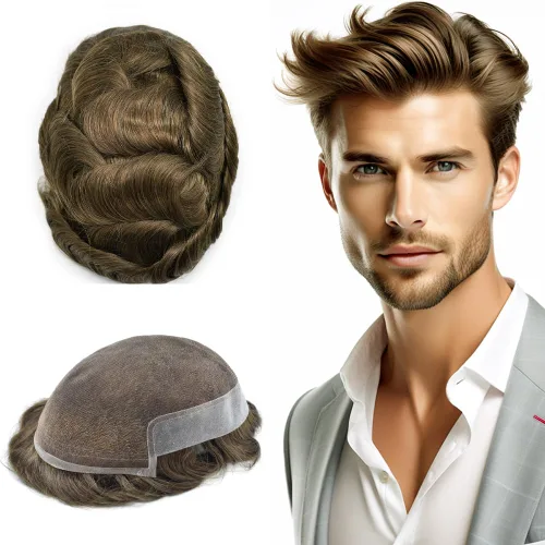Miniatura 138 de Sistema de repuesto de cabello humano europeo con encaje frontal suizo para hombre, tupé para hombre, pieza de cabello, nudo blanqueado, línea #17