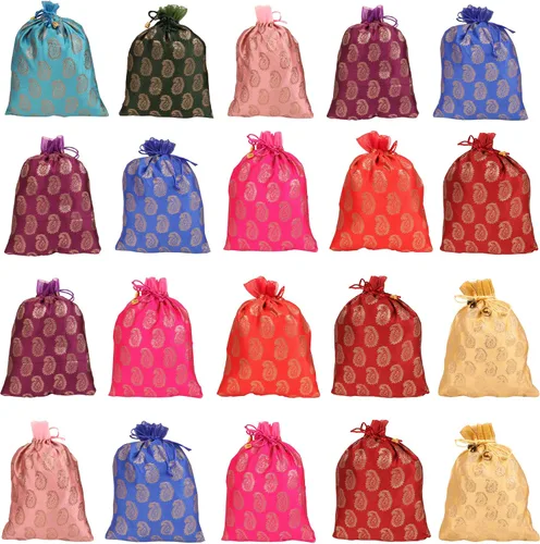 Miniatura 27 de Touchstone Preciosas bolsas de regalo reutilizables, respetuosas con el medio ambiente, brocado de cachemira con cordón grande para cumpleaños
