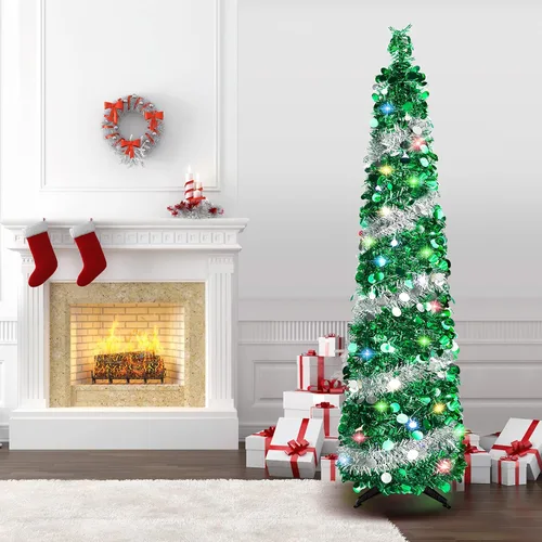 Miniatura 3 de Árboles de Navidad de 5 pies con 90 luces coloridas, árbol de Navidad plegable de lentejuelas artificiales, árbol de Navidad de oropel alto y Plata