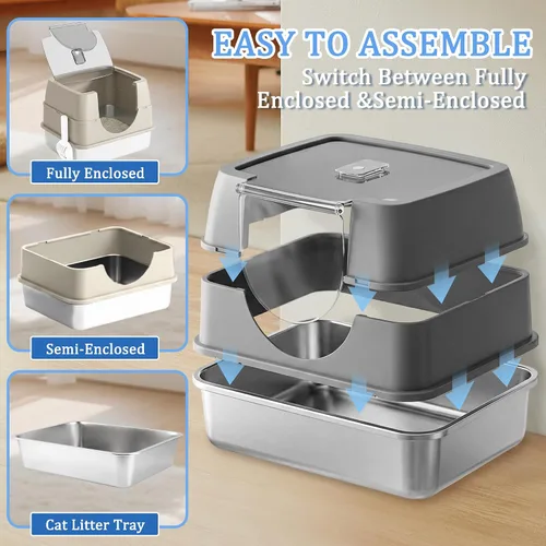 Miniatura 3 de Caja de arena cerrada para gatos con tapa abatible, caja de arena grande cubierta de acero inoxidable, bandeja de arena de metal de alta cara