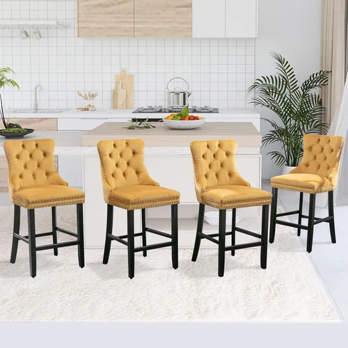 Miniatura 33 de SoarFlash Juego de 2 taburetes de bar tapizados de terciopelo moderno con patas de madera, botones acolchados, cabeza de clavo cromada, asiento