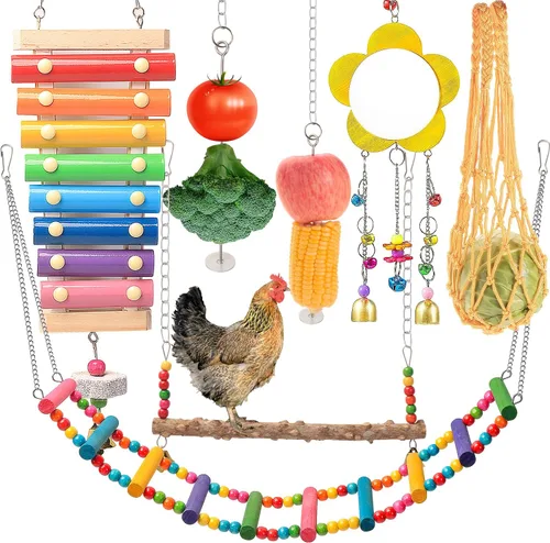 Miniatura 7 de Juguetes de pollo para gallinero, juego de 12 piezas, juguetes de enriquecimiento de pollo, incluye xilófono, juego de columpio, juguete de espejo