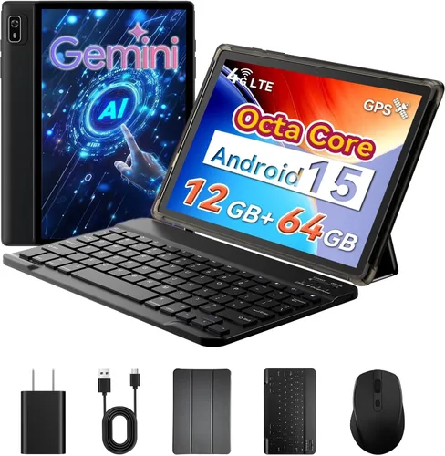Tablet Android 15 2 en 1 de 10 pulgadas con teclado, mouse y funda, 4G LTE celular, 12 GB de RAM + 64 GB de ROM (2 TB expandible), MediaTek Paquete