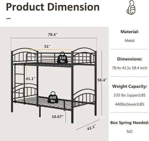 Miniatura 2 de Alohappy Base de cama individual sobre individual, convertible a 2 camas individuales separadas, marco de cama de metal con escalera extraíble