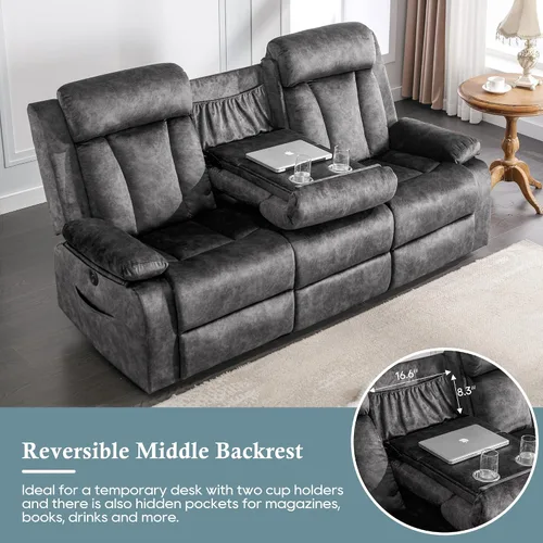 Miniatura 5 de Sofá reclinable eléctrico GUEAPY, sofá reclinable de 3 plazas con masaje y calor, mesa desplegable, puertos de carga USB y tipo C, portavasos, Gris