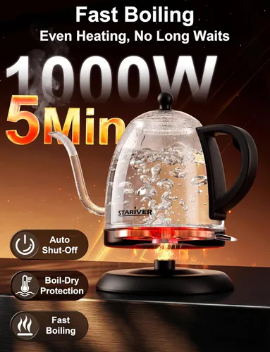Miniatura 4 de Stariver Hervidor eléctrico de cuello de cisne, hervidor de agua de 1 litro, sin BPA, para verter sobre tetera de acero inoxidable para café y té