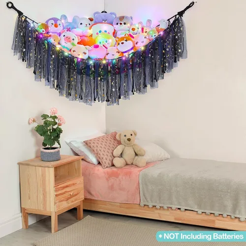 Miniatura 7 de FIOBEE Red de Animales de Peluche o Hamaca con Luz LED, Hamaca de Juguetes Colgante Organizador de Almacenamiento Soporte para Animales de Peluche
