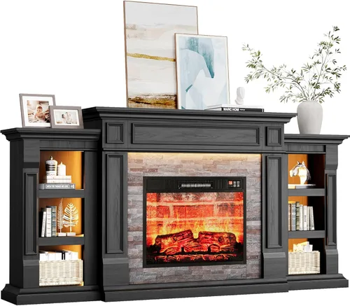 Miniatura 14 de LGHM - Soporte de TV con chimenea de 72 pulgadas para televisores de hasta 80 pulgadas, chimenea eléctrica con repisa, centro de entretenimiento