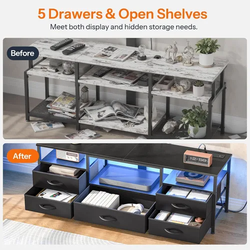 Miniatura 7 de HOOBRO Soporte de TV con soporte y toma de corriente, para televisores de 32/45/55/60/65 pulgadas, centro de entretenimiento LED giratorio
