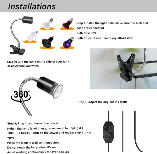 Miniatura 7 de Lámpara de calor para reptiles con 2 bombillas UVA UVB de 50 W, luz giratoria de 360°, luz solar simulada, lámpara de calefacción regulable