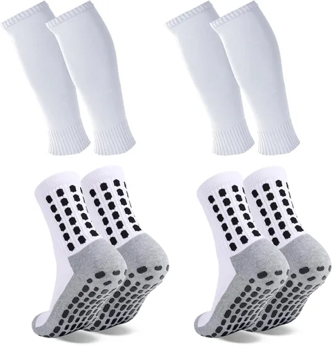 Miniatura 13 de ZXOLDZX 2 Juego de Calcetines de Agarre para Fútbol con Mangas de Protector de Espinilleras, Calcetines de Espinillera para Piernas sin