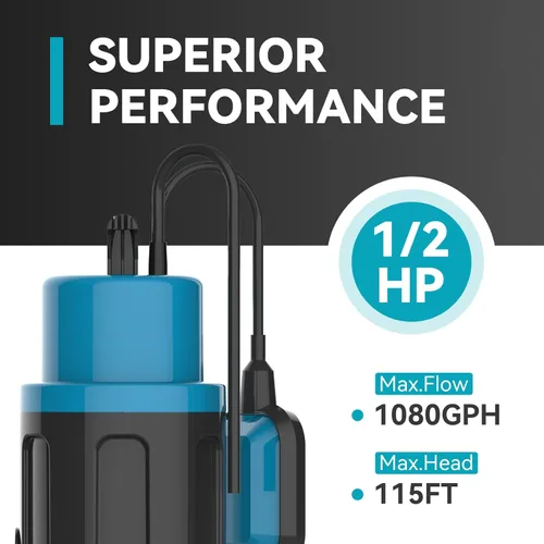 Miniatura 3 de Bomba de sumidero sumergible de 1/2 HP de 1080 GPH Bomba de agua sumergible con interruptor de flotador, bombas de utilidad para drenaje de Azul