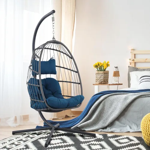 Silla de huevo con soporte – Silla colgante de huevo de mimbre de ratán para dormitorio interior y exterior – Marco de aluminio resistente a la Azul
