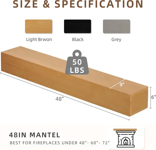 Miniatura 2 de Mederlo Mantel de chimenea de madera rústica de 48 x 9 x 6 pulgadas Estante flotante y montado en la pared para decoración del hogar Marrón miel