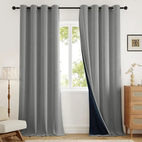 Miniatura 23 de Rinwoc - Cortinas 100% opacas gruesas y suaves de 2 paneles para dormitorio, aspecto de lino texturizado, bloqueo total de luz, cortinas