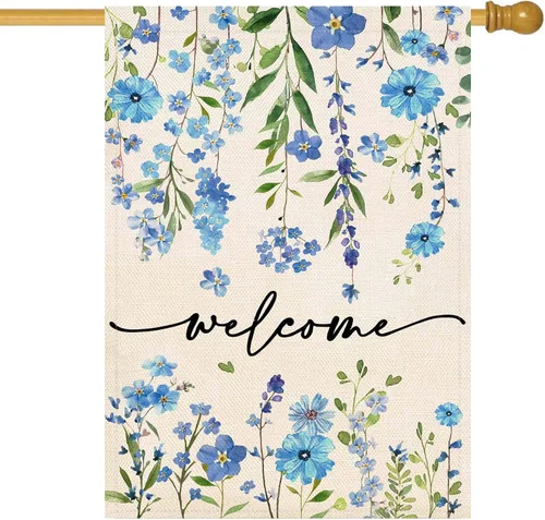Baccessor Bandera de Casa de Bienvenida de Verano 28 x 40 Pulgadas Divertida Bandera Floral Azul de Primavera para Jardín y Patio de Arpillera de