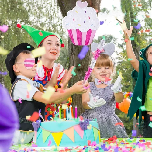 Miniatura 6 de Piñata de cupcakes para fiesta de cumpleaños, piñata azul para niñas con palo, confeti para los ojos vendados, piñatas grandes de helado para niños