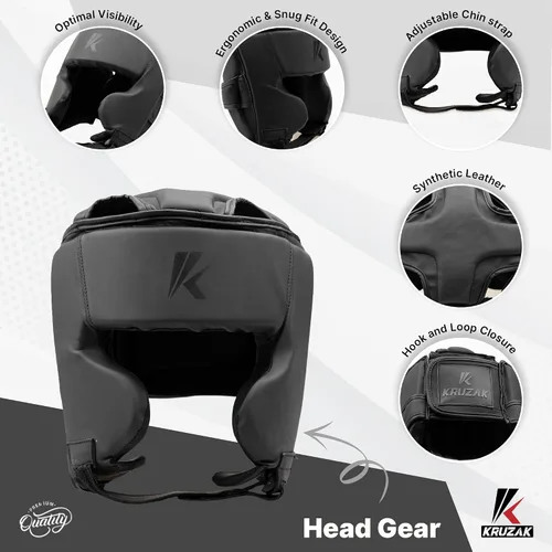 Miniatura 5 de Kruzak - Guantes de boxeo unisex negro mate, guantes de enfoque y equipo de cabeza para kickboxing y entrenamiento de Muay Thai MMA Kit de fitness