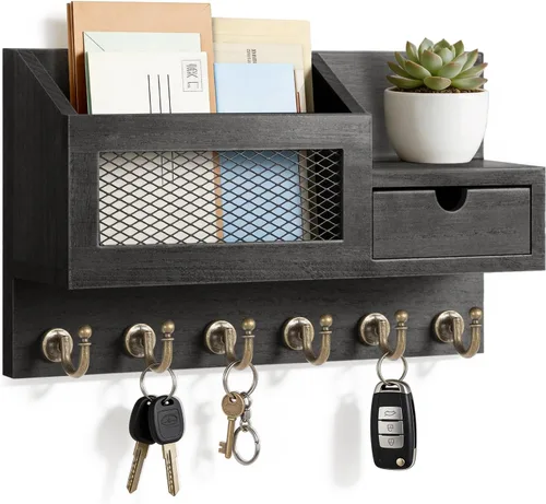 Miniatura 9 de FifthQuarter Organizador de llaves y correo para pared, organizador de correo con montaje en pared con 6 ganchos y cajón de almacenamiento, estante