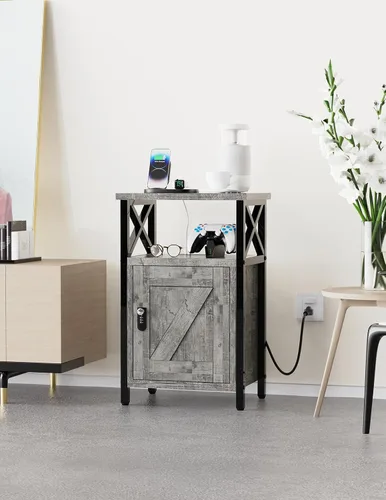 Miniatura 7 de runjuly Mesita de noche de madera con cerradura, mesa auxiliar de cama con cajones, mesita de noche con estación de carga, 3 USB y 2 tomas, mesita
