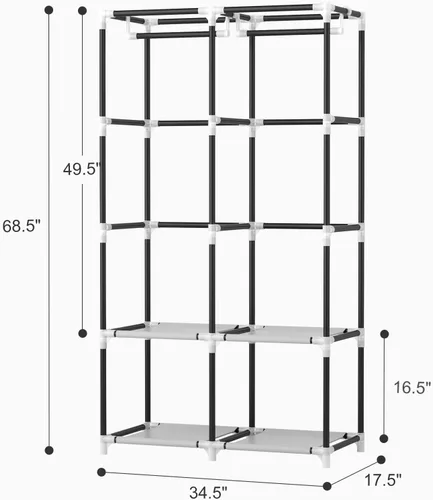 Miniatura 3 de VTRIN Armario portátil para colgar ropa con 4 estantes de almacenamiento, 2 varillas para colgar y 6 bolsillos, estante de ropa estable y de fácil
